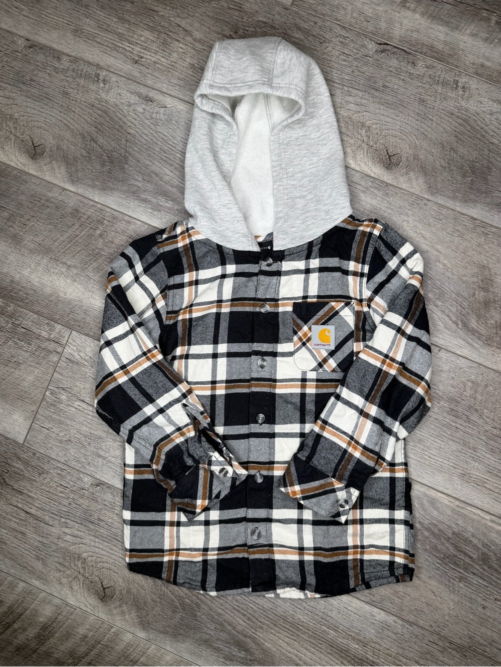 Carhartt Kids Plaid Hooded Button-Down Shirt Jacket - Black, Gray & Brown